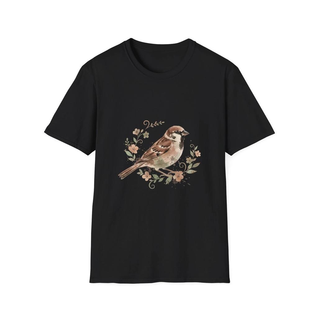 Bird Floral Watercolor Nature Black Tee Aesthetic Graphic T-Shirt