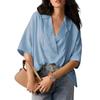 Women Shirt Loose Fit Lapel Half Sleeves Solid Color Pullover Tops Retro