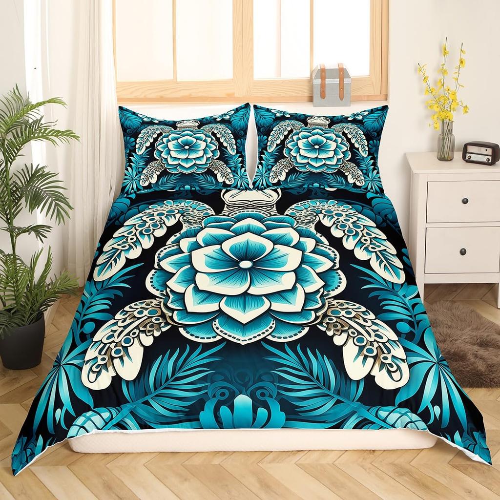 Turtle Butterfly And Flower Duvet Cover For Kids Boys Girls Lightweight Quilt Cover With 2 Pillowcase Cartoon Turtle Bedding Set