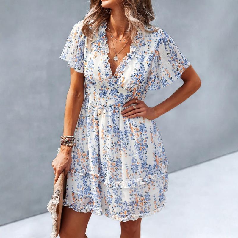 Высококачественное и простое платье с глубоким V-образным вырезом и цветочным узором для женщин на весну и лето