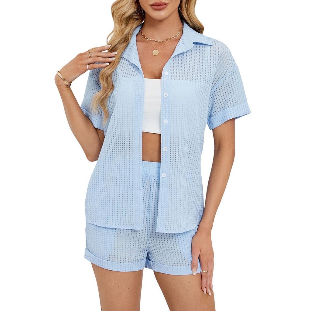 Женская повседневная однотонная рубашка с короткими рукавами, топы, шорты, домашняя одежда, комплект из двух предметов