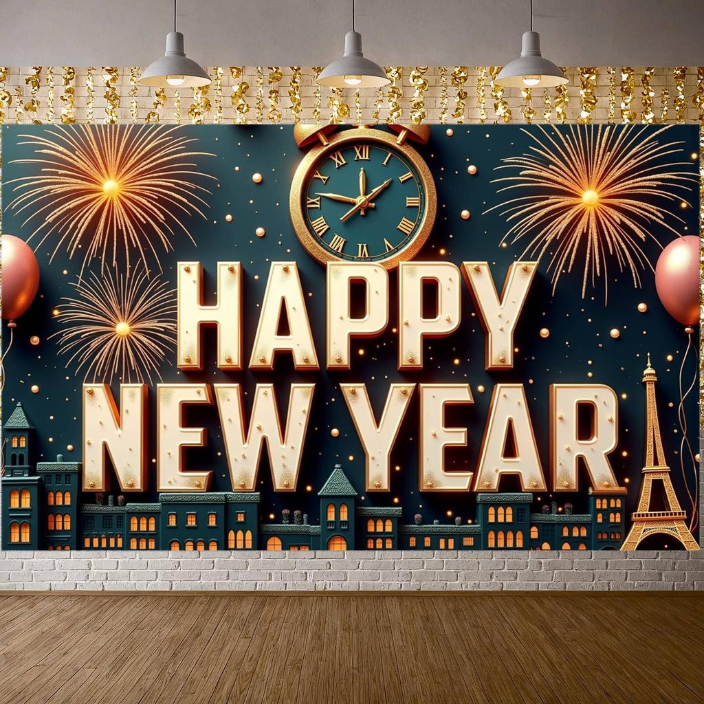Happy New Year Banner Decorative Elements New Year Decor Event Banner Dark Blue Background Party Backdrop For Festival Public