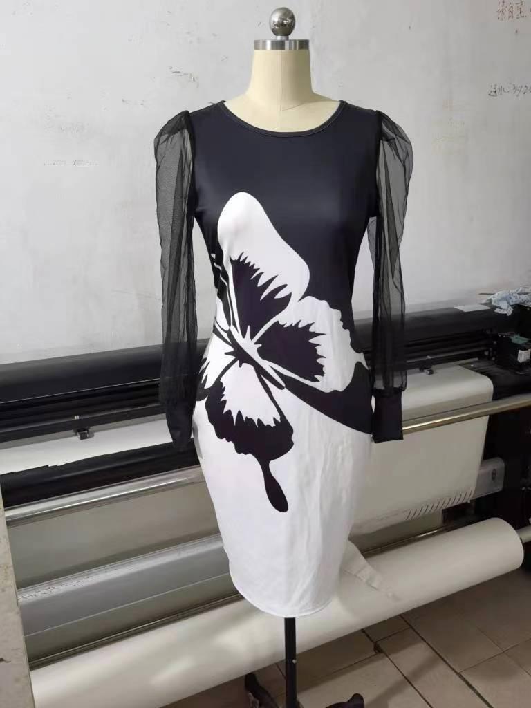 Женское платье с принтом бабочки, сетчатая лоскутная юбка с длинными рукавами и облегающей талией, с запахом бедра