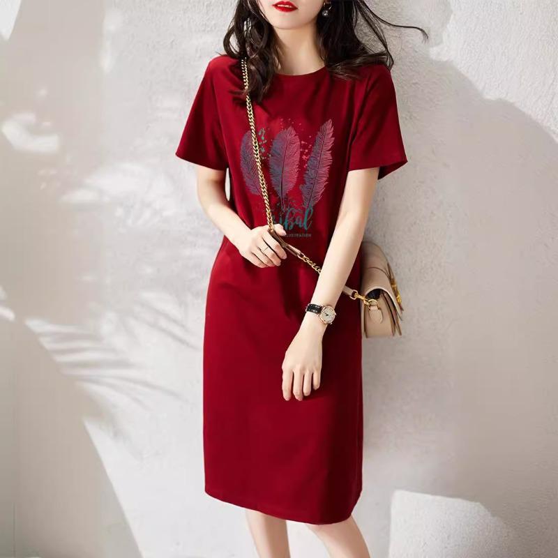 YYFS Women's Fashion Summer Spring Feather Print Short Sleeve O-Neck Loose Waistline Casual Dresses