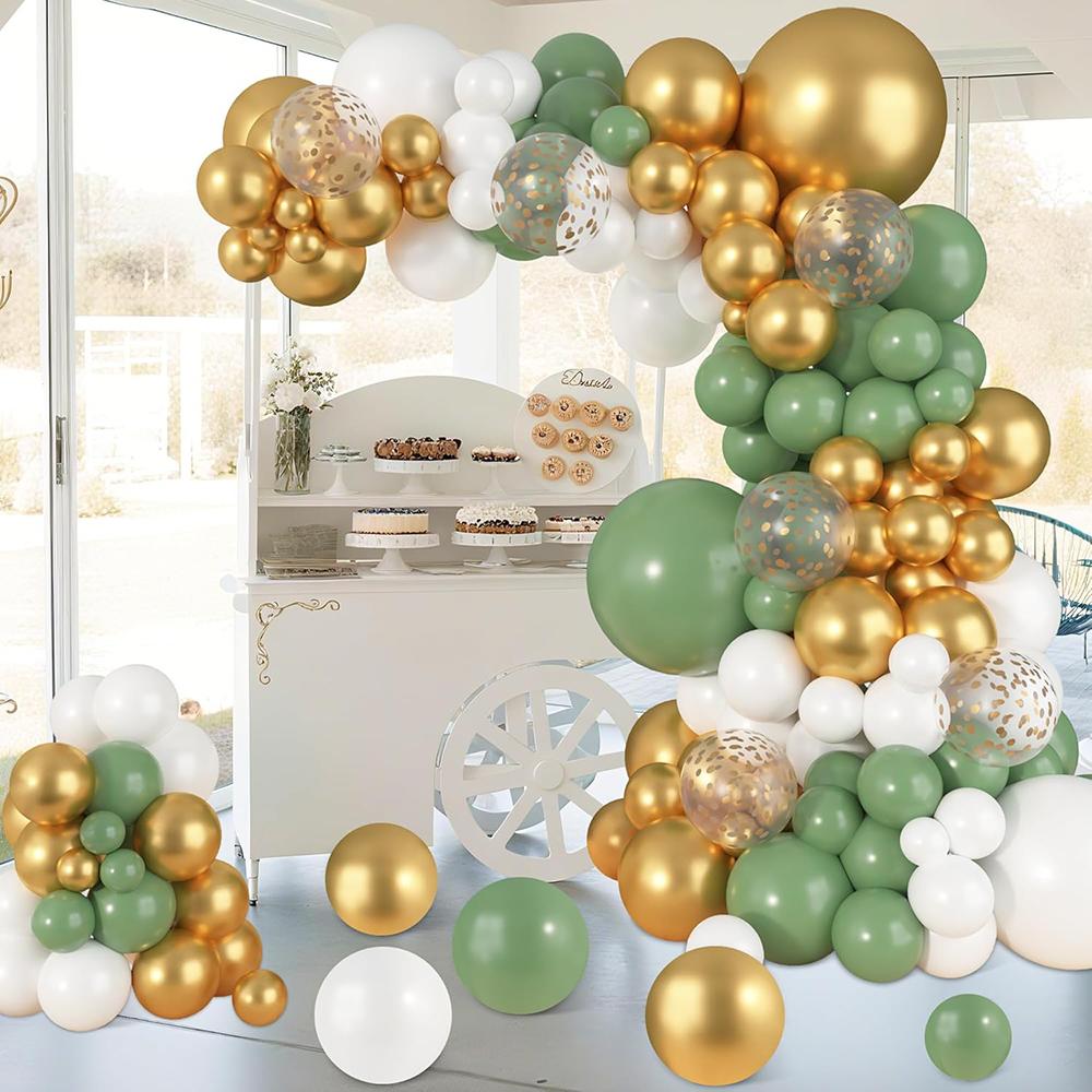 Jungle Theme Balloons Garland Sage Green White Gold Confetti Balloon Arch Kit Wedding Anniversary Home Birthday Party Decoration