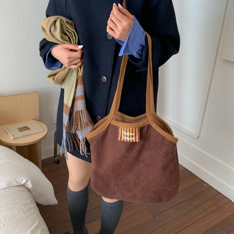 Fashion Faux Suede Women's Plush Shoulder Bags Winter Letter Female Large Crossbody Bag Double Sided Casual Tote Travel Handbags