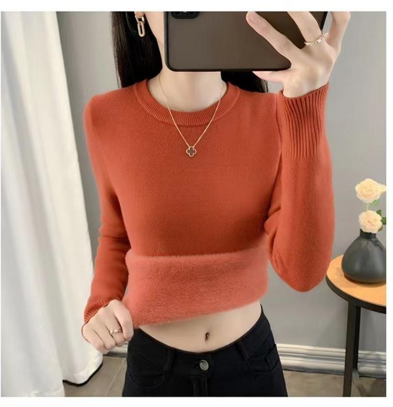 Пуловер, осенние и зимние свитера, женские свитера 2023, однотонный трикотаж с круглым вырезом и подкладкой, теплый свитер с длинными рукавами, пуловер, женский топ