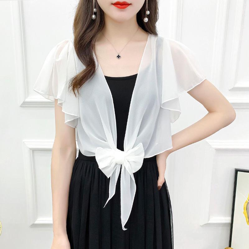 Женская летняя шифоновая куртка-шаль с защитой от солнца 2024 года — короткий рукав, легкий кардиган, универсальный жилет.