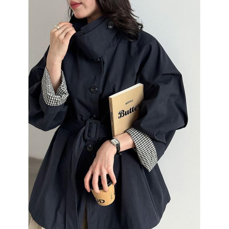 Womens Color Block Plaid Collar Single-Breasted Trench Coat Belted Waist Casual Outerwear