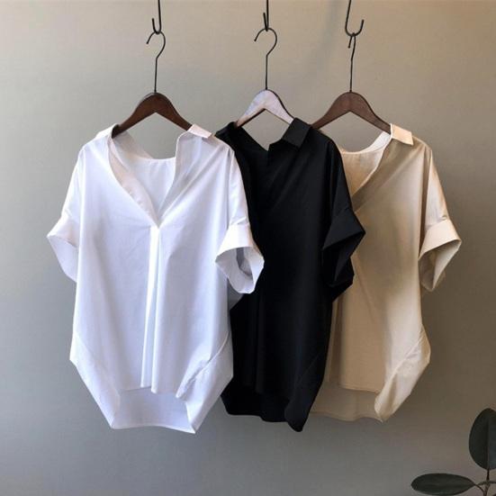 Women Summer Shirt Lapel Short Sleeve Solid Color Pullover Tops Loose Fit Thin Office Lady Shirt Workwear