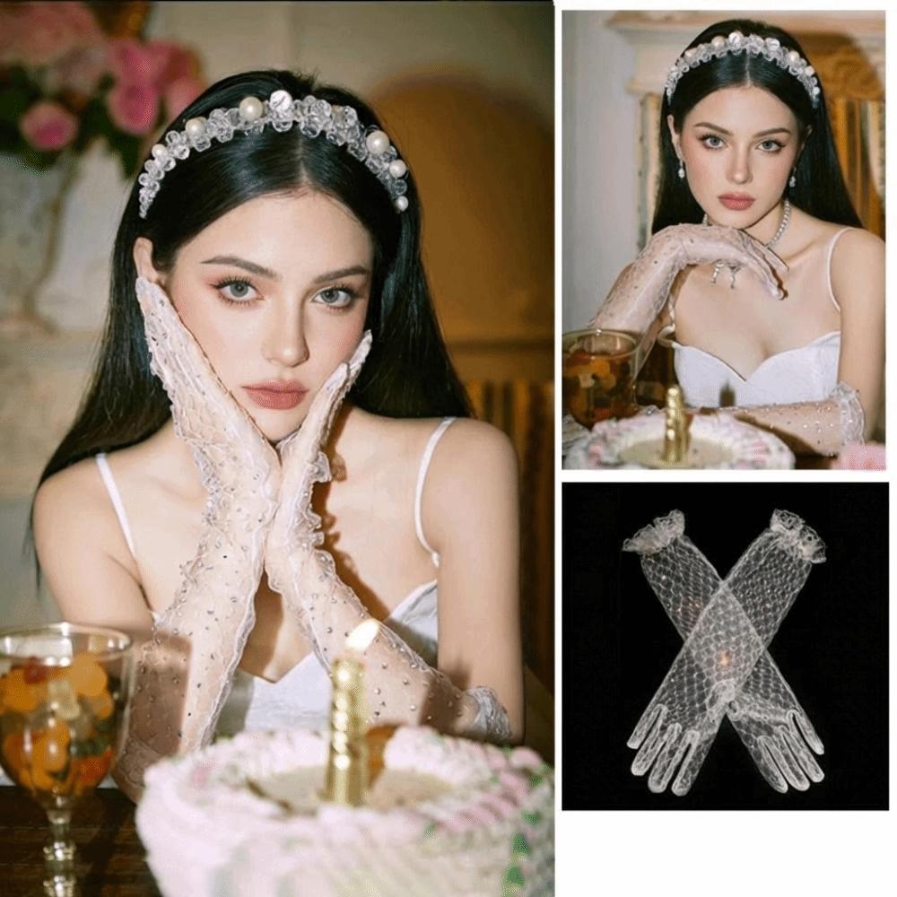 White Satin Long Gloves Lace Long Finger Mittens Retro Wedding Bridal Gloves  Show