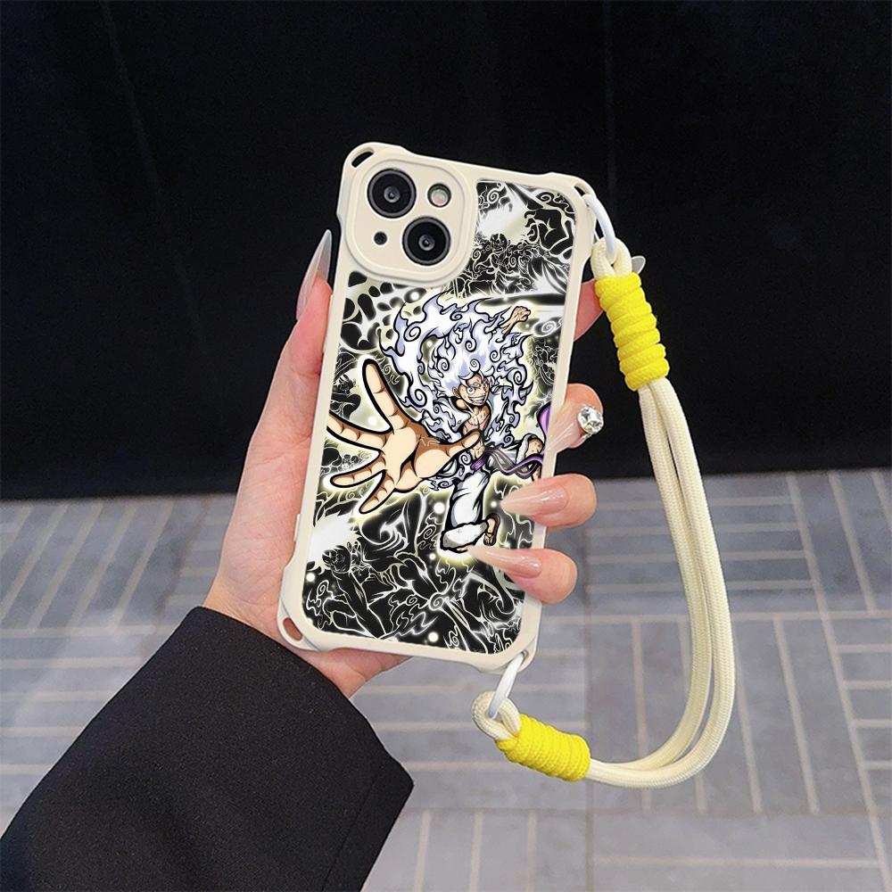 Мягкие чехлы для телефонов Ae92 One Piece Luffy Gear 5 для iPhone 16 15 14 13 12 11 Pro Max 7 8 Plus XR XS с ремешком на запястье, защитным шнурком для углов, задняя крышка