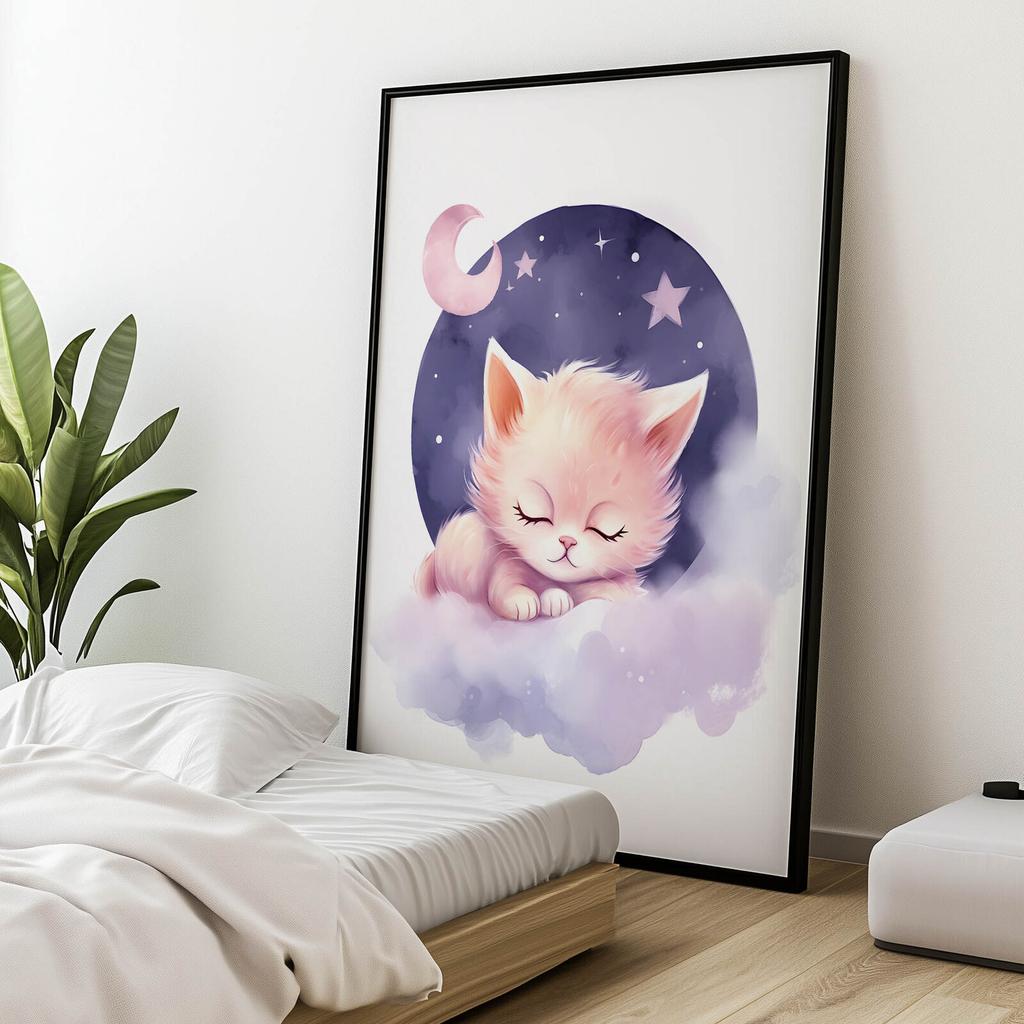Śpiący Kotek Na Różowej Chmurce Śpiący Kotek Na Różowej Chmurce, 50X70 Cm, Bez Ramy, Płótno Premium Na Blejtramie