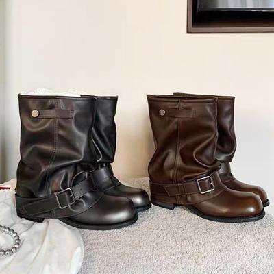 Брюки Spice Girls Ботинки~ Стильные ботинки Мартина с увеличением внутреннего роста Пустынный ветер Плиссированная пряжка Ботинки в западном стиле