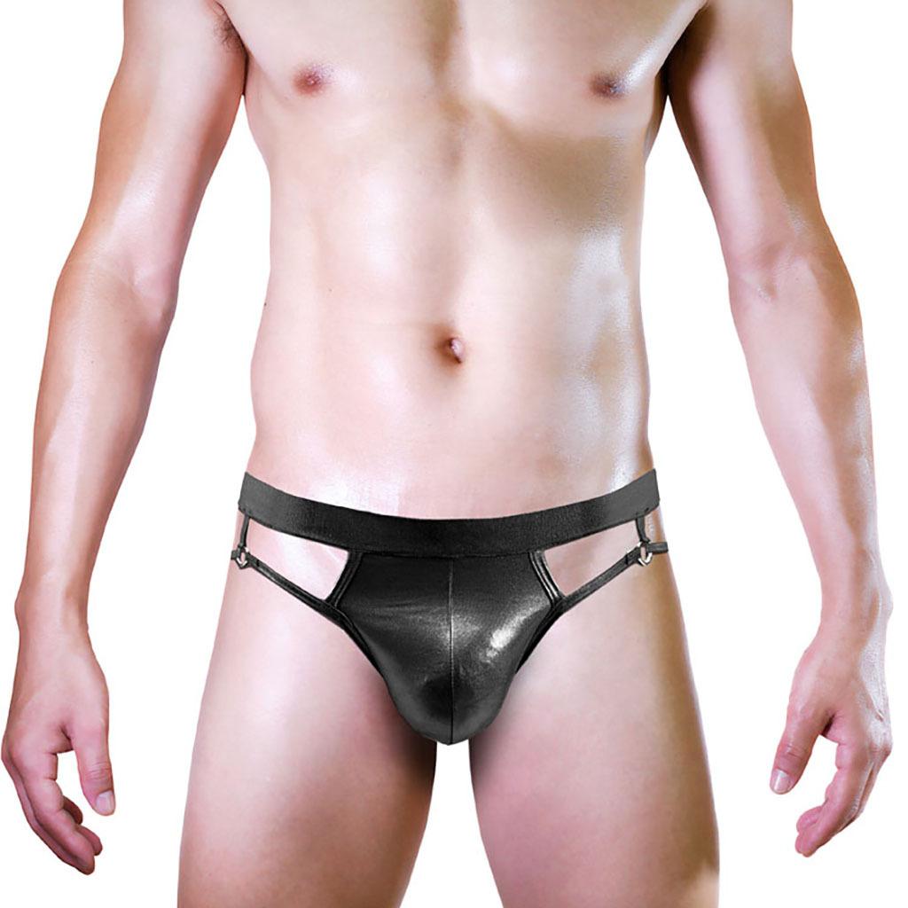 Men Erotic Faux Leather Cutout Metal Ring Briefs Underwear