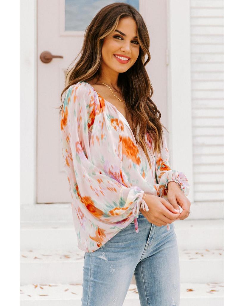 Azura Exchange Abstract Print Split Neck Puff Sleeve Blouse