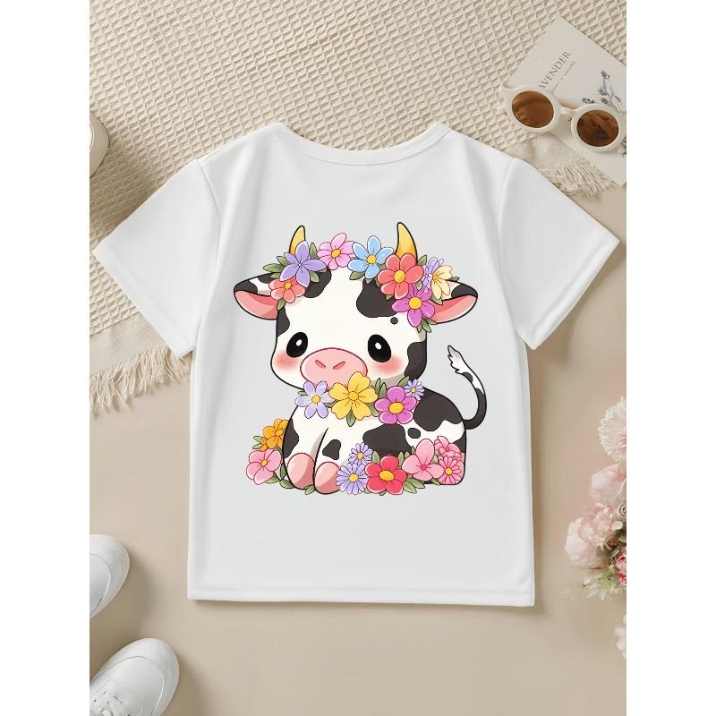Girls Crewneck Short Sleeve Tee, Cute Cartoon Cow With Floral Headband Print
