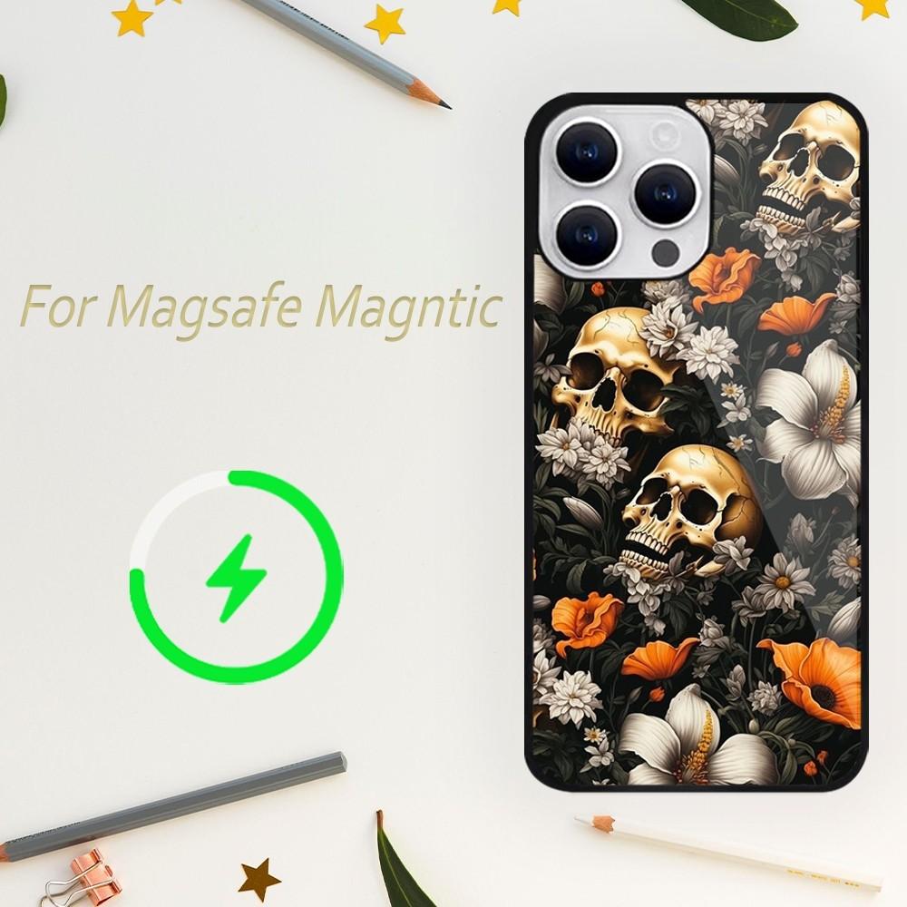Роскошный чехол для телефона Skull Dead Flowers для iPhone 15 14 13 12 11 Plus Pro Max Magsafe Magnetic Wireless Charger