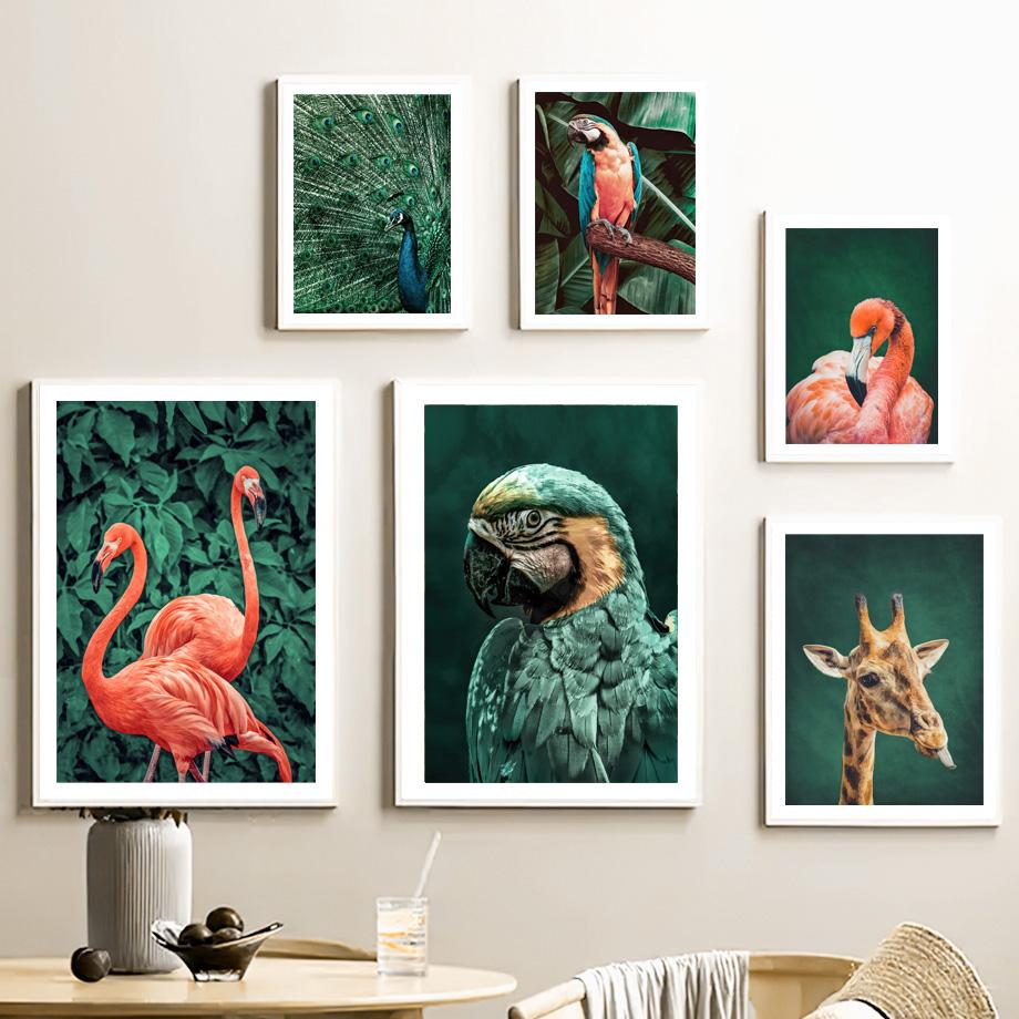 Ара Фламинго Жираф Тигр Павлин Тропические животные Плакаты на скандинавскую тему и принты настенная живопись на холсте Декор для дома и комнаты