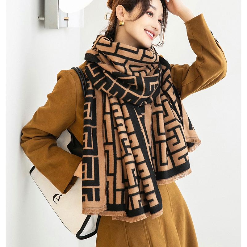 Fall Winter Geometric Warm Scarf Double-sided Cashmere Thick Student Shawl