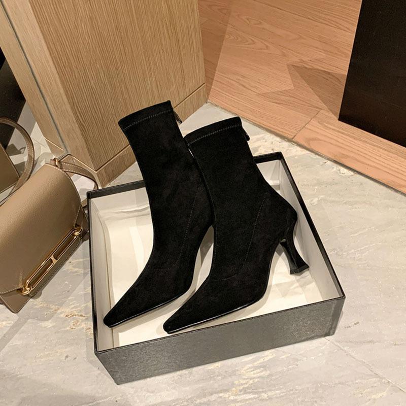 Brown Short Boots Women's High Heel Fine Heel Suede Pointed Rear Zipper New Winter Korean Version Elastic