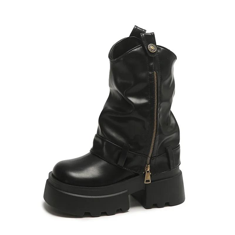 Women's Mid-cylinder Fashion Boots Thick Heel Square Heel Wear-resistant Anti-slip Round Head Women Shoes Side Zip Leisure Boots