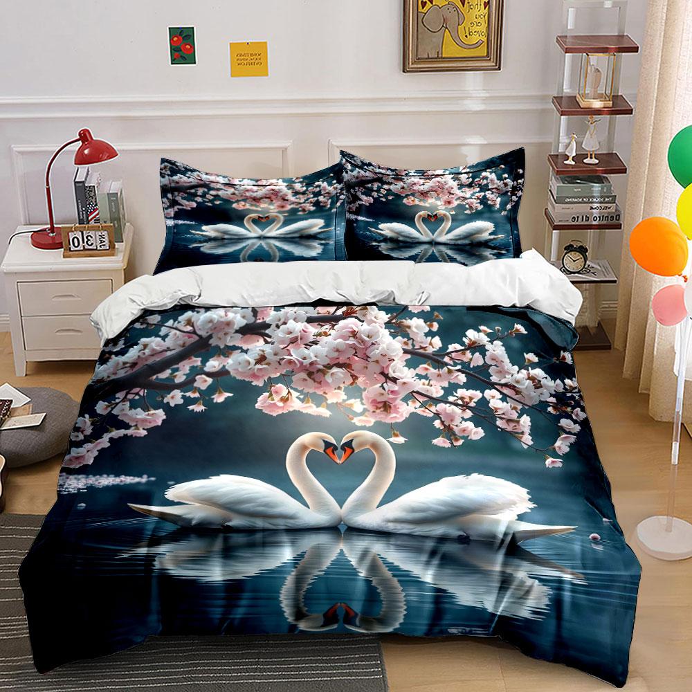 Swans and Cherry Blossom Scene Bedding Duvet Cover Set (1*Duvet Cover 2*Pillowcases, without duvet insert)