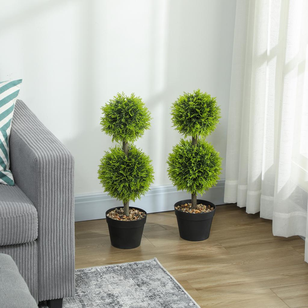 Set of 2 Artificial Plants, Boxwood Balls, 60 cm, with Pot, Plastic, Green