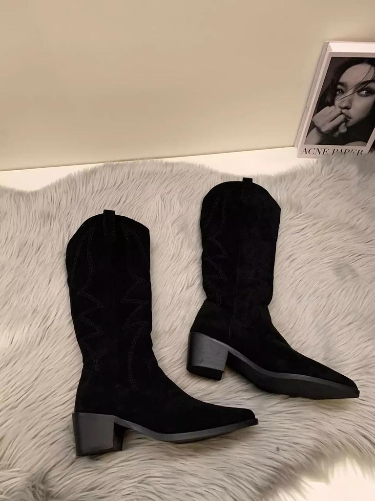 Fashion Woman Cowgirl Boots Fashion Slip On Ladies Elegant Square Low Heel Knee High Boots Shoes Women's Winter Footwear