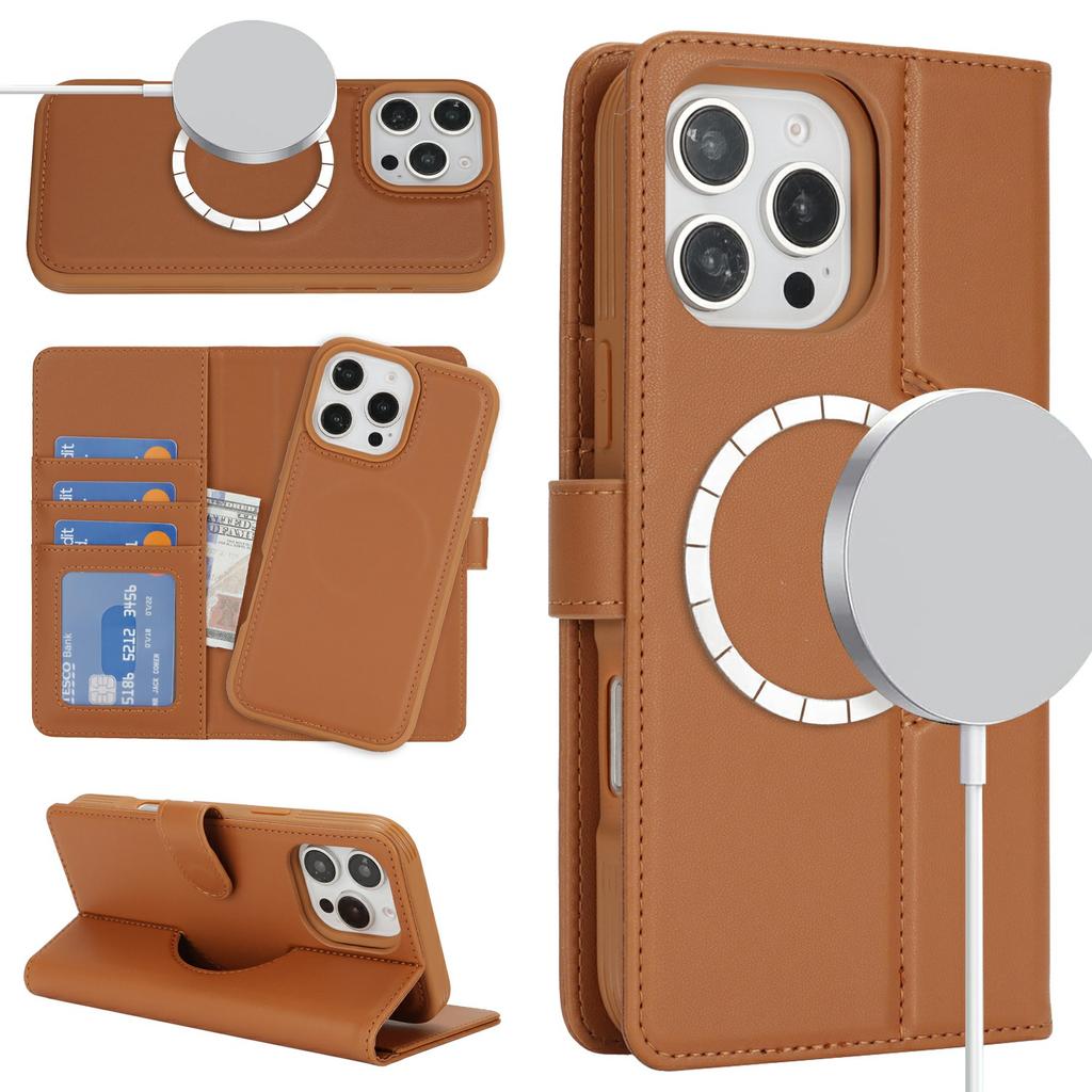For iPhone 16 Pro Wallet Case Compatible with MagSafe Anti-Drop Detachable PU Leather Phone Cover