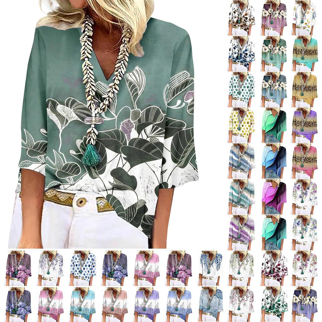 Women's Shirt Blouse Casual Loose Shirts 3/4 Sleeve Print V Neck Tops Print Tops T-shirts Tee