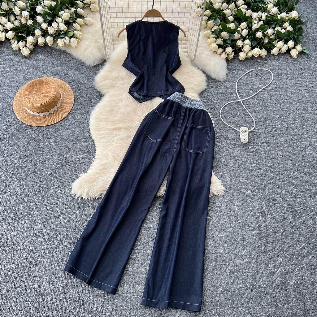 Дизайнерское летнее платье для женщин высокого класса V-образный вырез без рукавов однобортный топ женский костюм-двойка повседневные брюки клеш