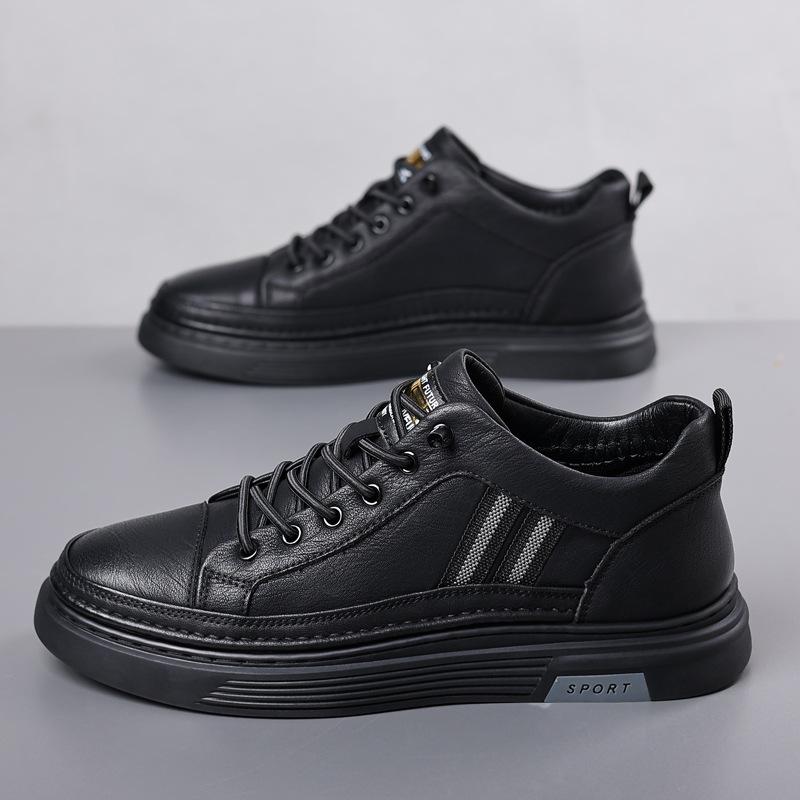 Men's Autumn Leather Shoes Trendy Soft-soled Men's Casual Shoes Winter Velvet Cotton Shoes Black Sports Versatile Board Shoes