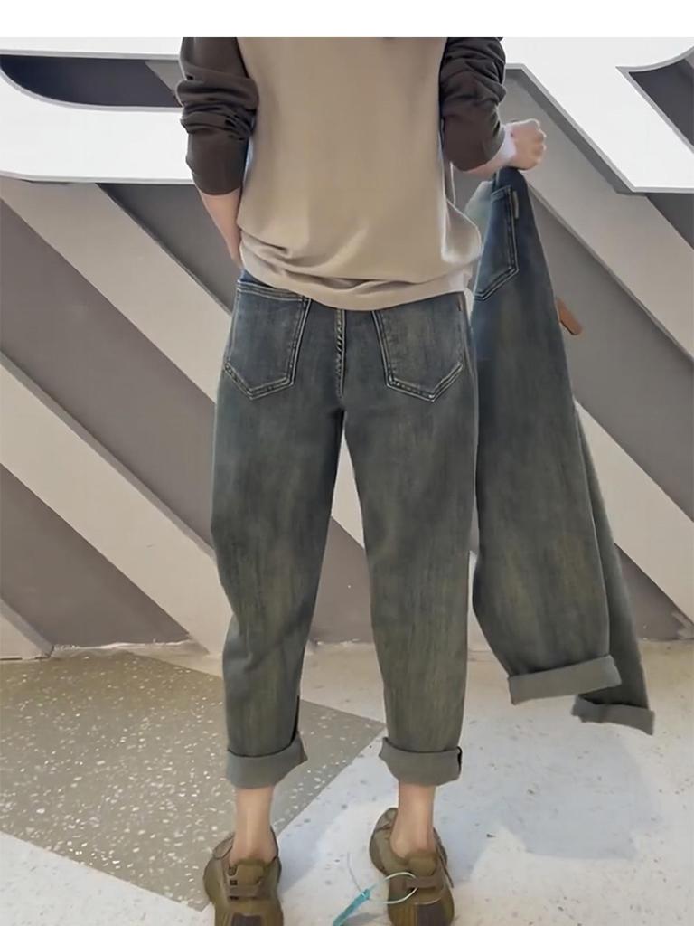 Джинсы женские маленького размера с высокой посадкой и прямыми штанинами, осенне-зимние, свободные, стройнящие, больших размеров, укороченные брюки гаремы