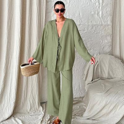 Женский комплект из двух предметов, повседневный, со шнуровкой, бантом и V-образным вырезом, женская рубашка, костюмы с широкими брюками, весенние женские наряды