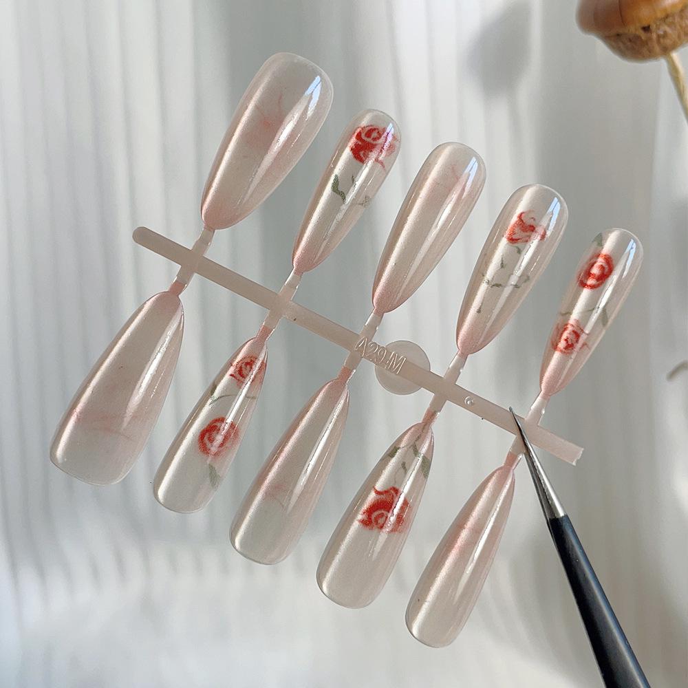 Jade Rose 3D Airbrushed Teardrop Cat Eye Nails - 30 Pieces, Long & Pointed, Split Size, Detachable, Wearable Nail Art.