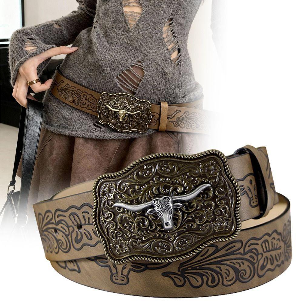 Retro Western Cowboy Belt Cow Head Buckle Waistband Trendy Embossed Belt For Man Women