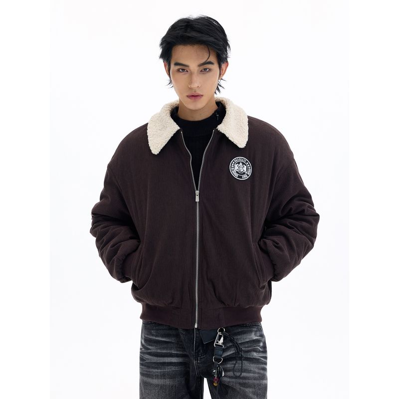 Kisko Winter American-Style Corduroy Warm Fur Collar Brown Cotton Jacket for Men and Women, High-End Loose Padded Coat Trendy