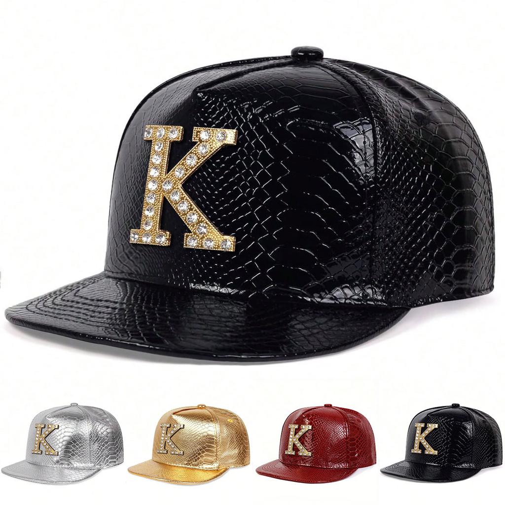 Metal K Letter Crocodile Grain PU Leather Hip-hop Hat Unisex Flat Top Baseball Cap Fashionable Outdoor Sunscreen Hats Leisure Travel Caps