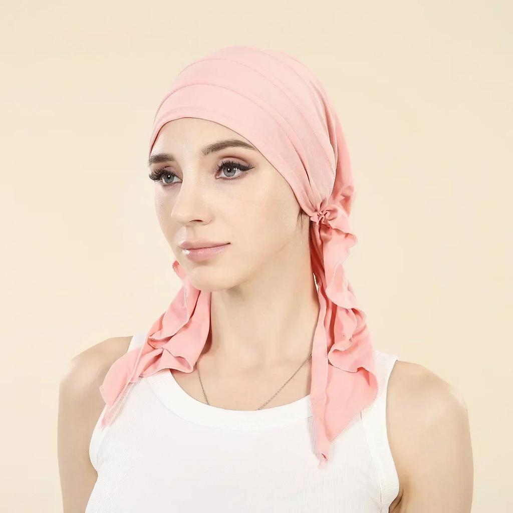New Shimmer Pre-Tied Hat Women Muslim Hijab Turban Long Tail Headscarf Beanies Bonnet Hair Loss Chemo Cap Head Wrap Bandanas