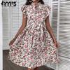 Women's Fashion Summer Spring Floral Print Short Sleeve O-Neck High Waist Casual Dresses