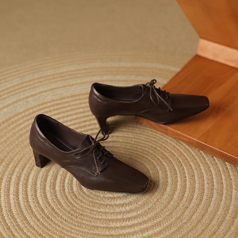 Krazing Pot Sheepskin Spring Summer Size 43 Size 42 Size 41 Chunky Heels Women Square Toe Office Lady Lace Up Pumps