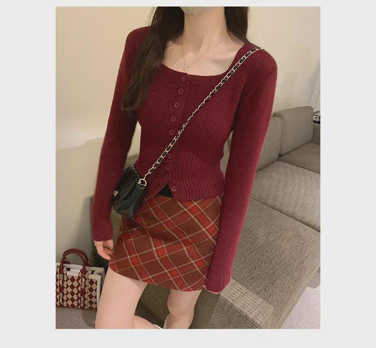 Женский облегающий вязаный кардиган - квадратный воротник, длинный рукав, короткая талия для осени/зимы