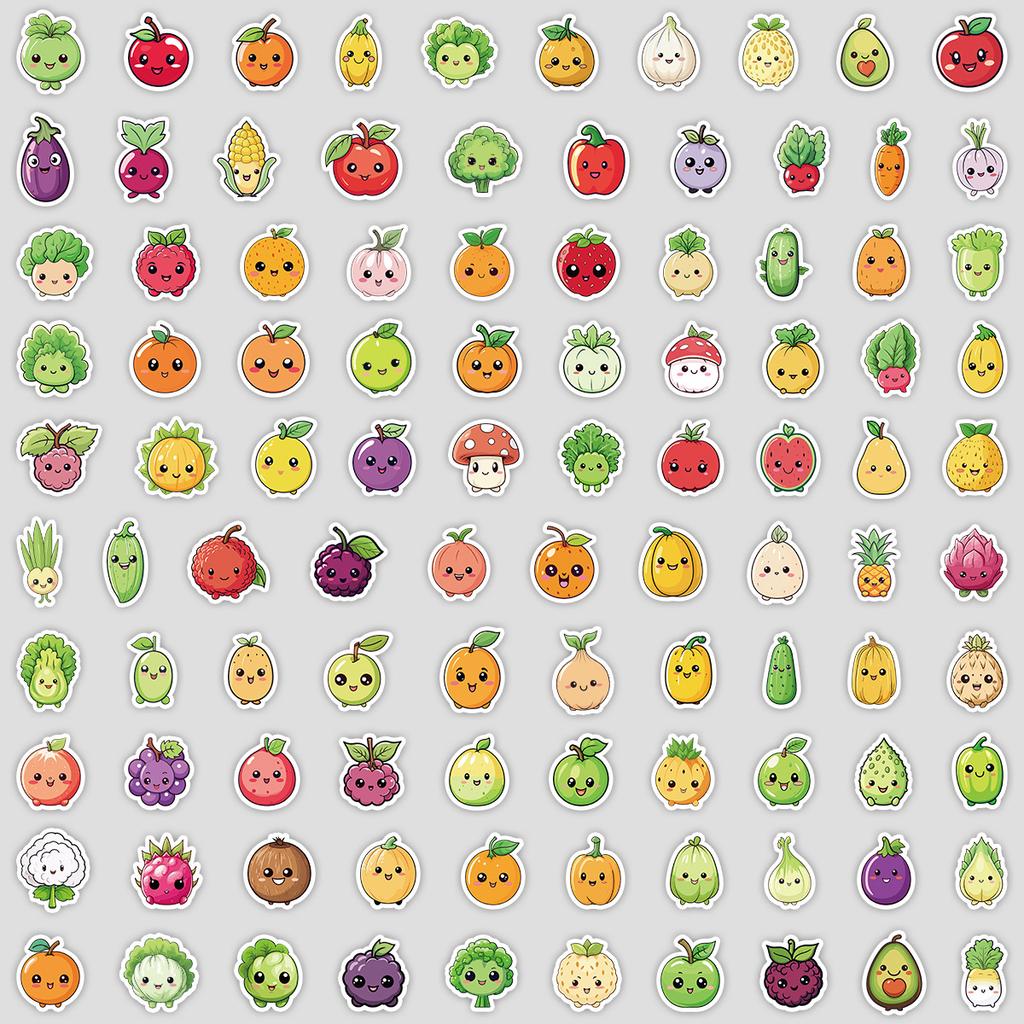 100 Cute Fruit and Vegetable Doodle Stickers for Mobile Phones, Computers, Waterproof Decorative Stickers, Creative Stationery Stickers