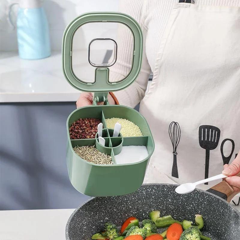 4 In 1 Seasoning Box with Spoon Spice Jar Multi Compartment Salt Pepper Spice Jars Pots Kitchen Accessories Condiment Container