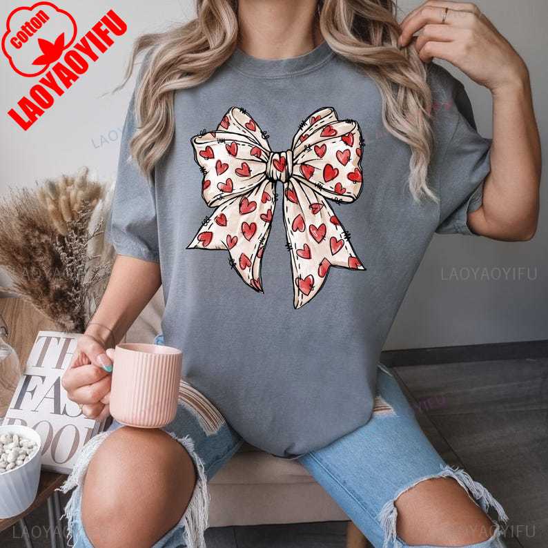 Valentines Day Heart Bow Coquette Bow Trending TShirt Novelty Gift for Girlfriend Crewneck Casual Style Printed Tshirt Tops