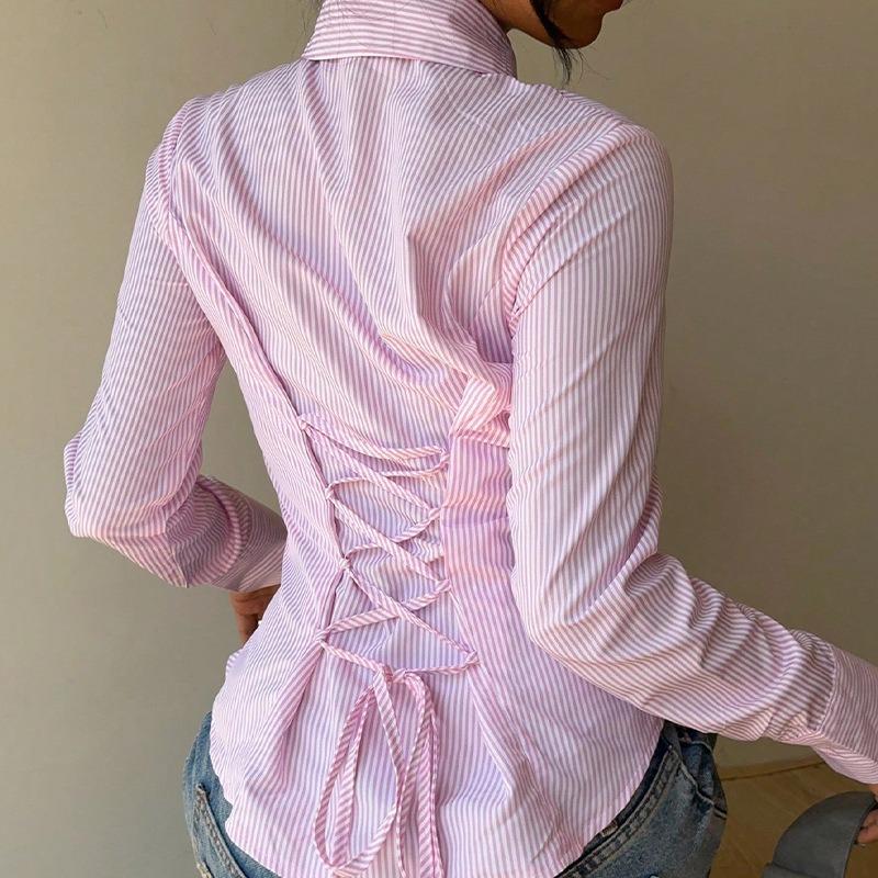 2025 Осень Темпераментная Полосатая Рубашка с Длинным Рукавом Модная Женская Одежда Простая и Универсальная