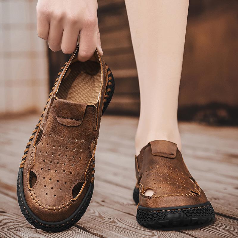 Мужские кожаные сандалии без застежек, прочные сшитые вручную туфли с закрытым носком, нескользящие туфли для использования в помещении, на открытом воздухе, на пляже