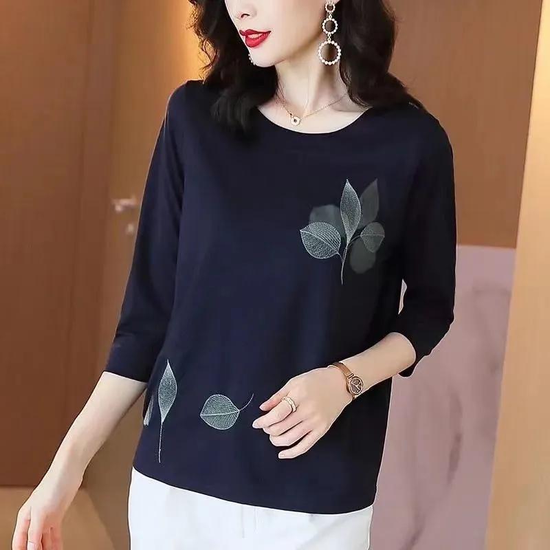 Большой размер, универсальная осенняя футболка с рукавом три четверти, женская корейская версия свободного покроя, тонкий повседневный топ для женщин