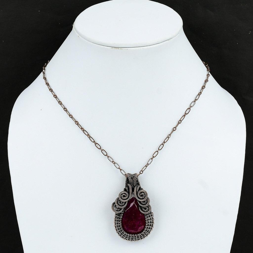 Ограненный кашмирский рубиновый кулон из меди, обернутый проволокой, оригинальный драгоценный камень, медное ювелирное изделие, кулон ручной работы, кашмирский рубиновый ювелирный подарок для него